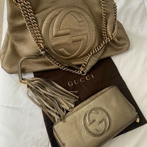 Gucci Soho gold chain double “G” gold leather shoulder bag & wallet
